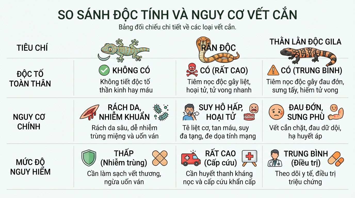 Vết cắn tắc kè chỉ gây nguy cơ nhiễm khuẩn tại chỗ, không tiết độc như rắn.