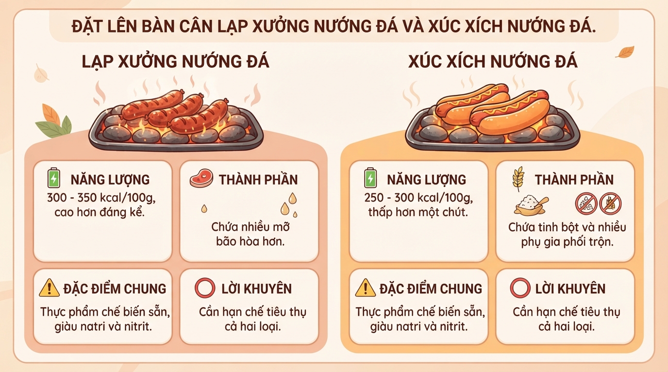 Lạp xưởng nướng đá bao nhiêu calo? Tác hại sức khỏe và cách ăn chuẩn