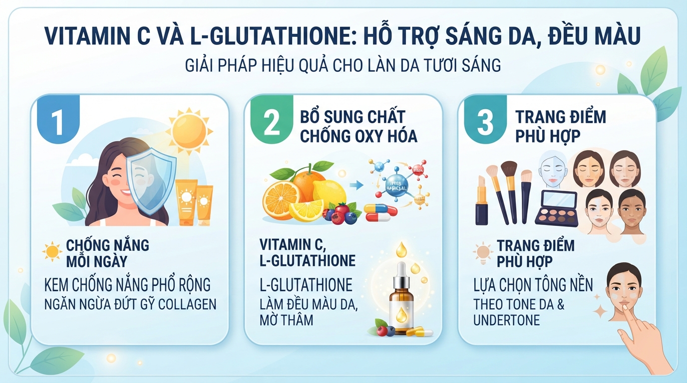 Vitamin C và L-Glutathione hỗ trợ ức chế tổng hợp melanin giúp da sáng mịn đồng đều.