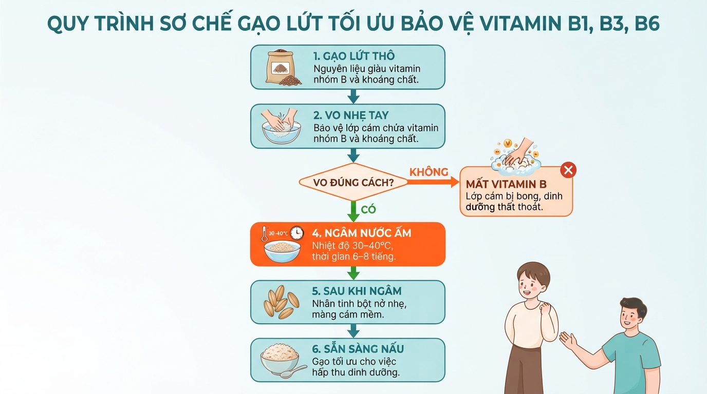 Vo nhẹ tay và ngâm nước ấm giúp bảo vệ vitamin B1, B3, B6 trên màng cám.