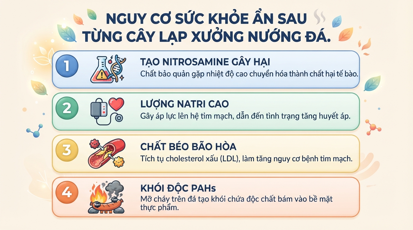 Lạp xưởng nướng đá bao nhiêu calo? Tác hại sức khỏe và cách ăn chuẩn