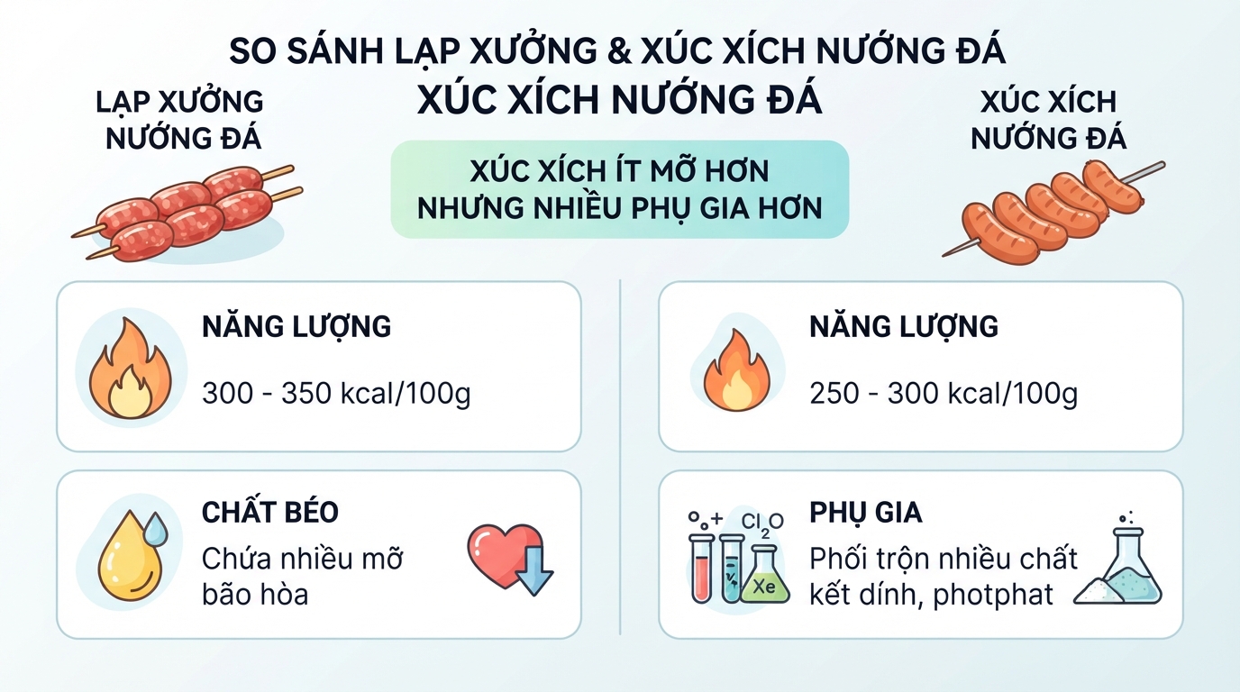 Xúc xích nướng đá tuy ít mỡ hơn lạp xưởng nhưng lại chứa nhiều chất phụ gia.
