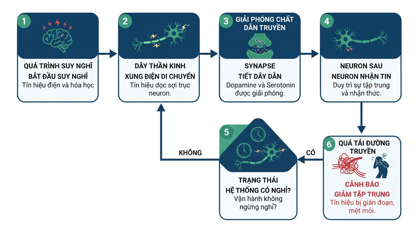 Xung thần kinh và chất dẫn truyền giúp duy trì sự tập trung trong suy nghĩ.