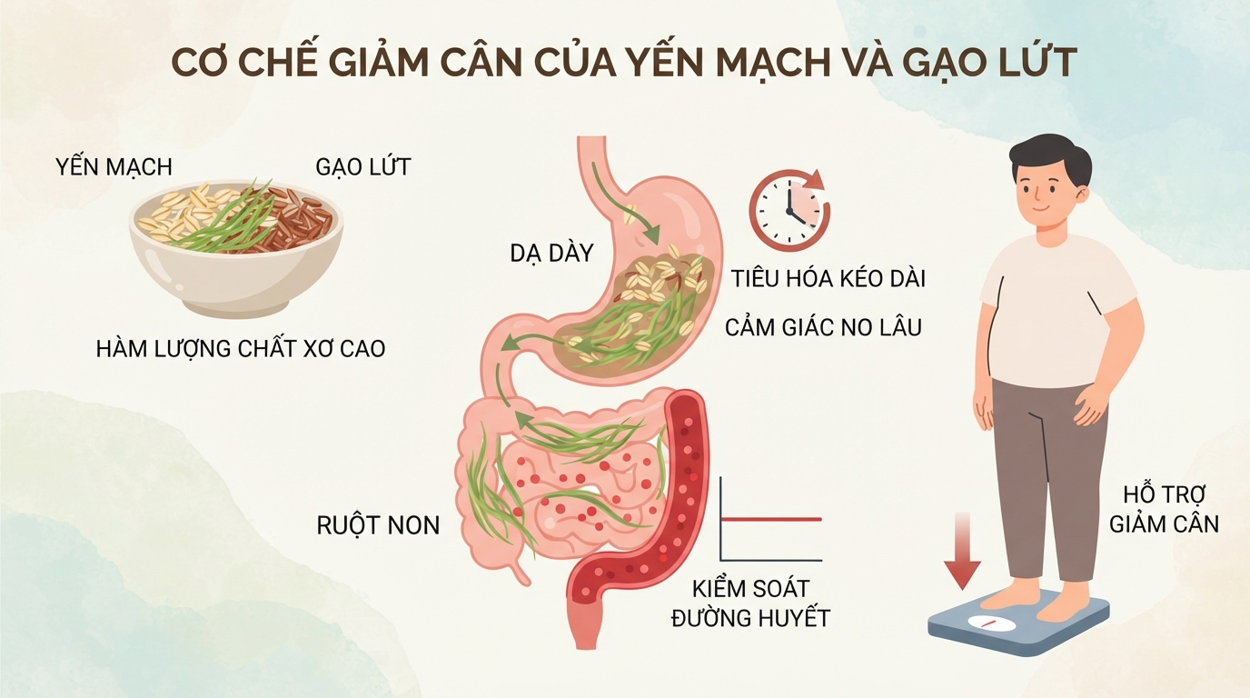 Yến mạch và gạo lứt giúp tạo cảm giác no lâu, hỗ trợ quá trình giảm cân hiệu quả.
