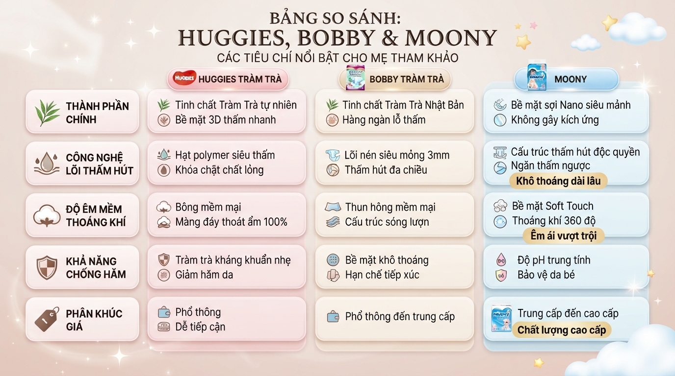 Bảng so sánh các tiêu chí nổi bật giữa Huggies, Bobby và Moony cho mẹ tham khảo. Bảng so sánh các tiêu chí nổi bật giữa Huggies, Bobby và Moony cho mẹ tham khảo.