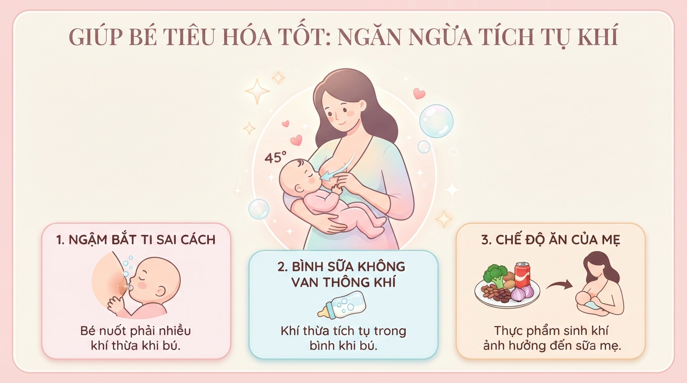 Bế bé nghiêng góc 45 độ khi bú giúp ngăn lượng khí thừa đi vào dạ dày. Bế bé nghiêng góc 45 độ khi bú giúp ngăn lượng khí thừa đi vào dạ dày.