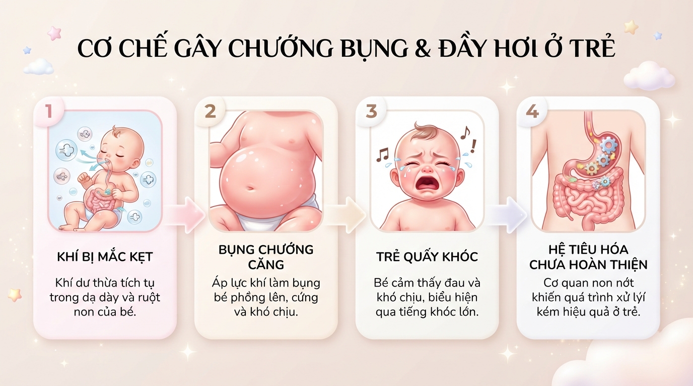 Nguyên nhân trẻ bị đầy hơi và cách xử lý hiệu quả tại nhà