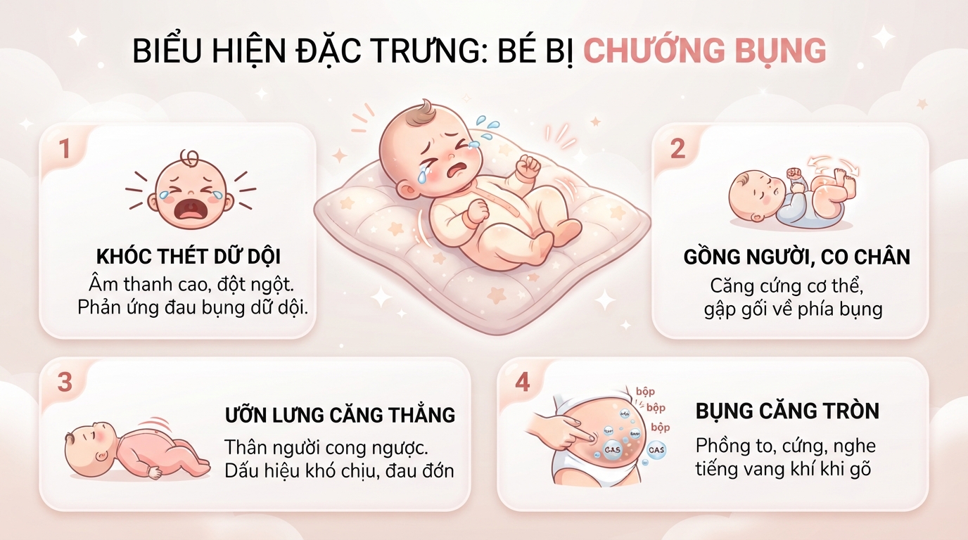 Bé gồng người, co chân sát bụng nhằm đẩy lượng hơi ứ đọng ra ngoài. Bé gồng người, co chân sát bụng nhằm đẩy lượng hơi ứ đọng ra ngoài.