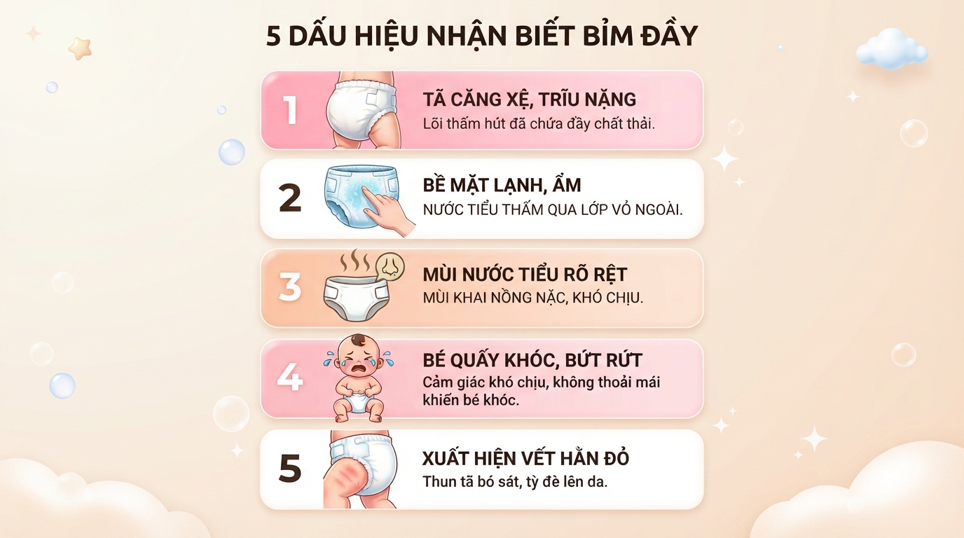 Bé thường quấy khóc hoặc tự kéo tã khi bỉm đã ẩm ướt và căng nặng. Bé thường quấy khóc hoặc tự kéo tã khi bỉm đã ẩm ướt và căng nặng.