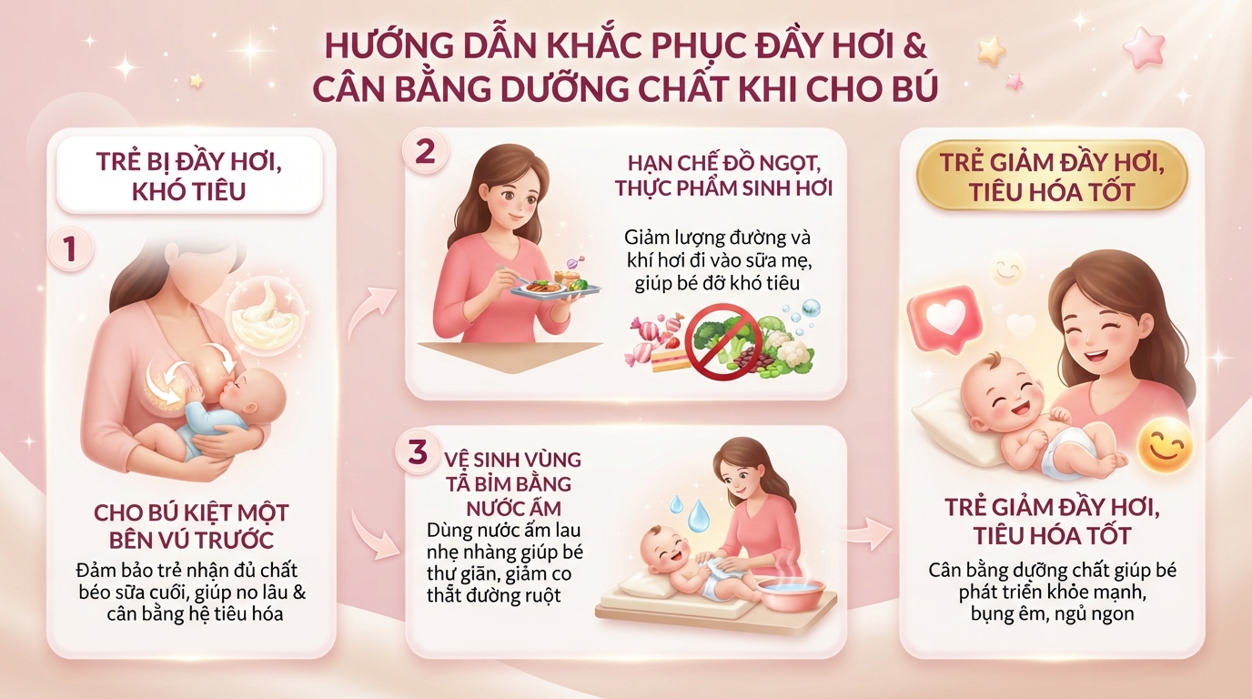 Bú kiệt một bên vú giúp cân bằng dưỡng chất và giảm khí hơi trong ruột