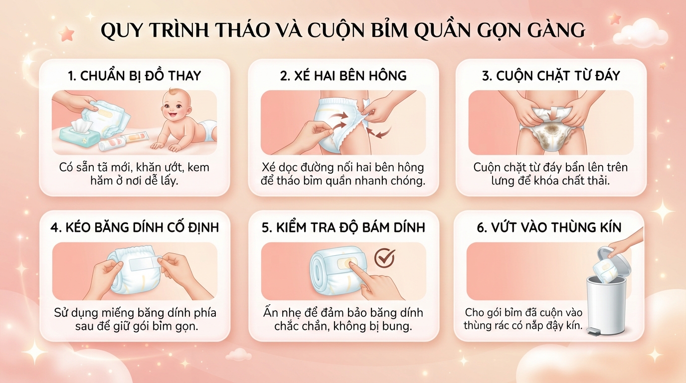 Các bước cuộn bỉm chặt tay từ đáy lên lưng giúp cố định gói tã gọn gàng. Các bước cuộn bỉm chặt tay từ đáy lên lưng giúp cố định gói tã gọn gàng.