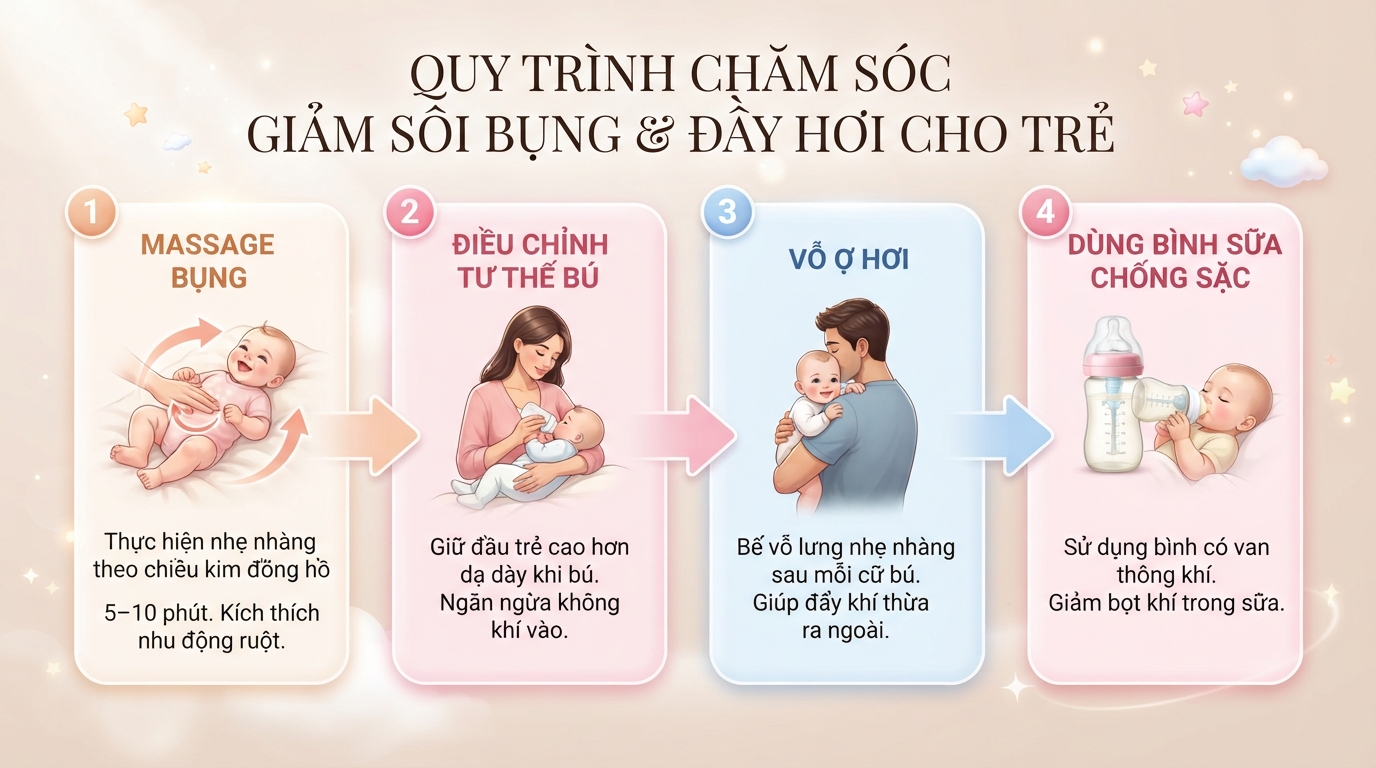 Các bước massage và chăm sóc hỗ trợ đẩy bọt khí dư thừa ra ngoài cho trẻ. Các bước massage và chăm sóc hỗ trợ đẩy bọt khí dư thừa ra ngoài cho trẻ