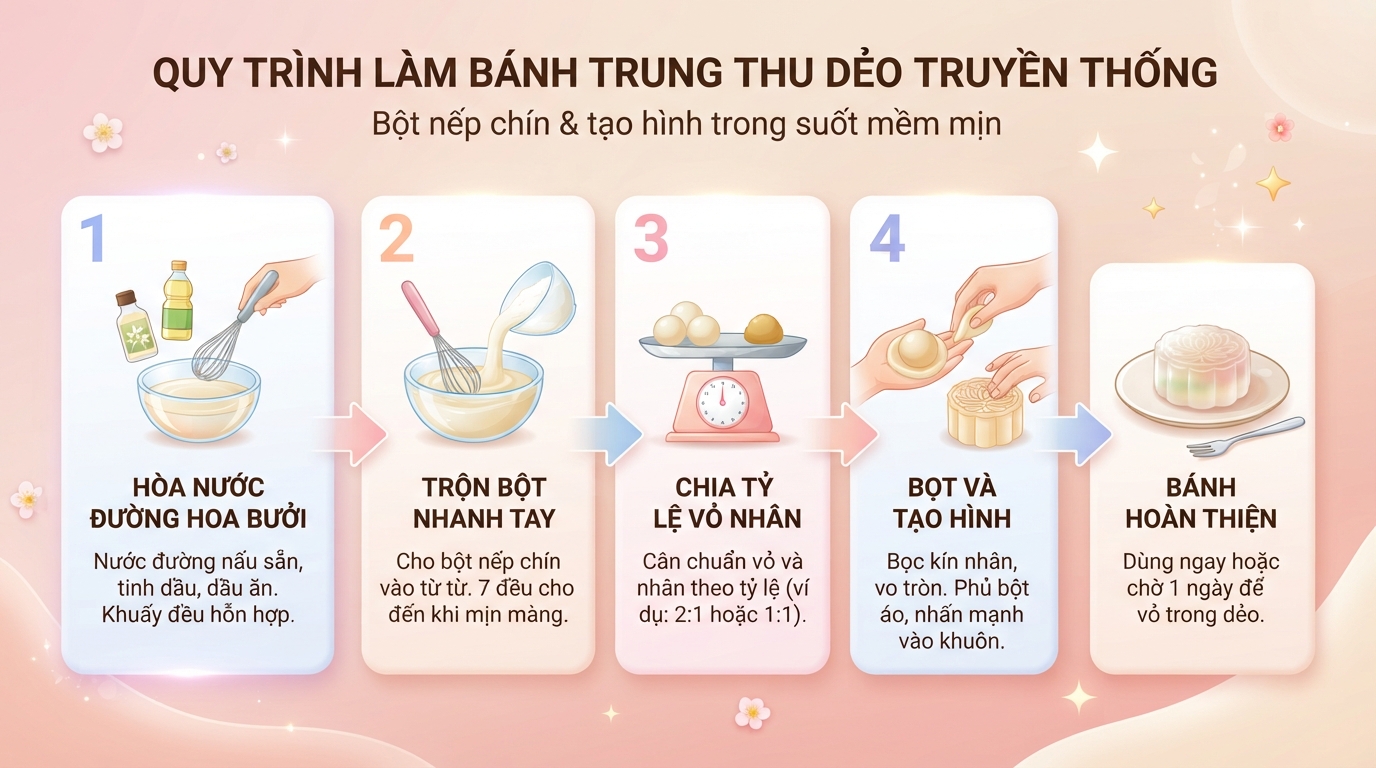 Các bước trộn bột nếp chín và tạo hình bánh dẻo trong suốt mềm mịn. Các bước trộn bột nếp chín và tạo hình bánh dẻo trong suốt mềm mịn.