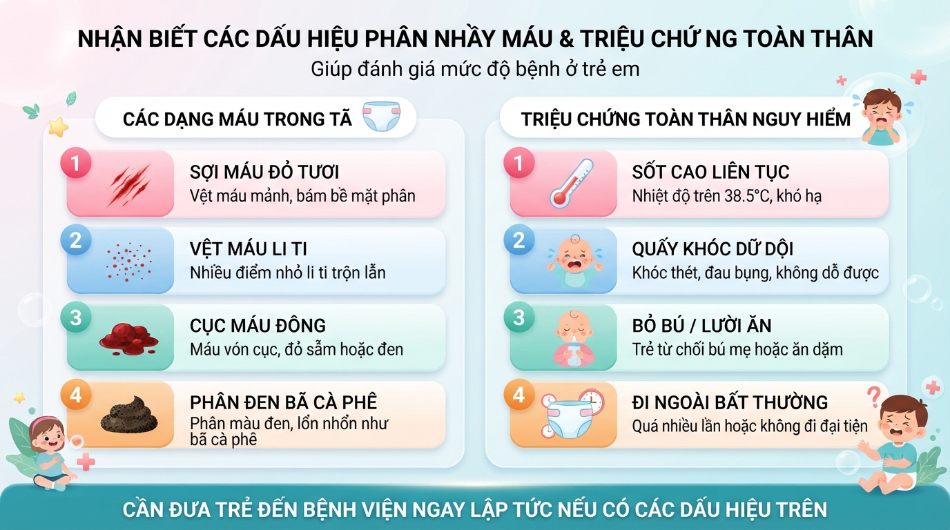 Các đặc điểm phân nhầy máu kèm dấu hiệu toàn thân giúp đánh giá mức độ bệnh. Các đặc điểm phân nhầy máu kèm dấu hiệu toàn thân giúp đánh giá mức độ bệnh.