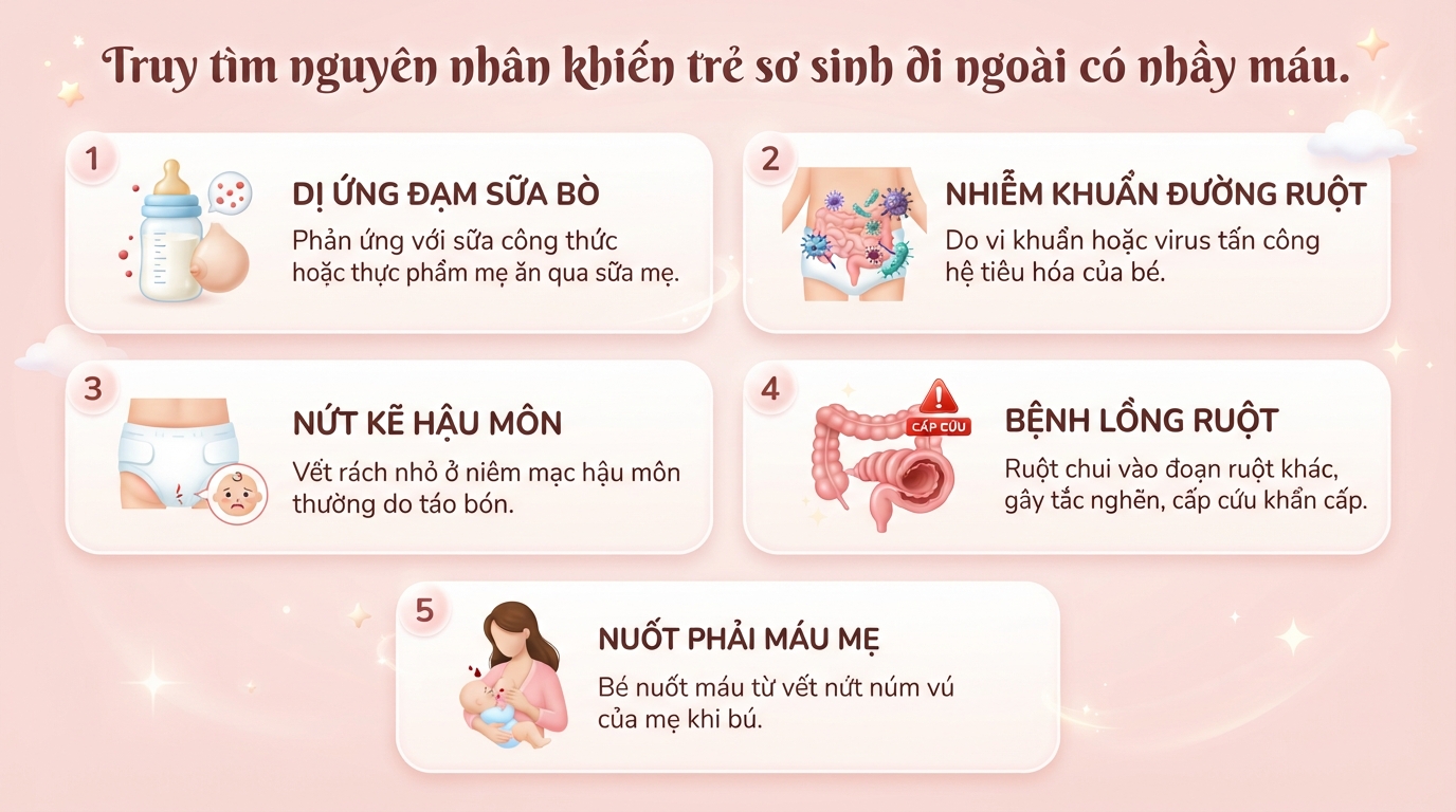 Trẻ sơ sinh đi ngoài có nhầy máu có nguy hiểm không? Nguyên nhân và cách xử lý an toàn