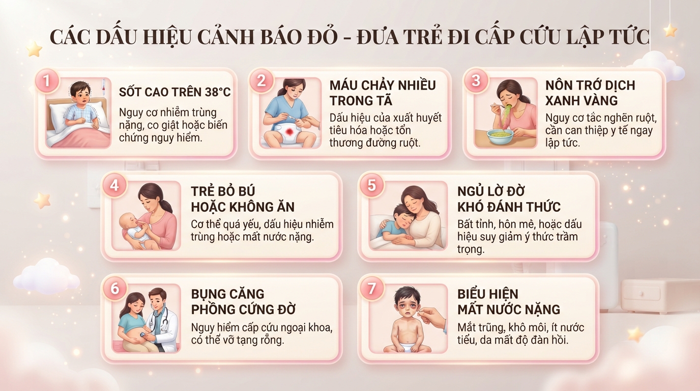 Các dấu hiệu cảnh báo đỏ nguy hiểm yêu cầu ba mẹ đưa trẻ cấp cứu. Các dấu hiệu cảnh báo đỏ nguy hiểm yêu cầu ba mẹ đưa trẻ cấp cứu.