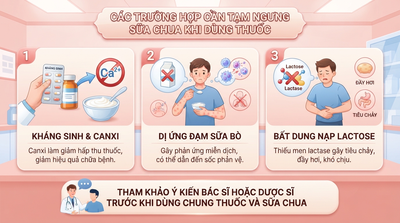 Các trường hợp đặc biệt cần tạm ngưng sử dụng sữa chua khi đang dùng thuốc. Các trường hợp đặc biệt cần tạm ngưng sử dụng sữa chua khi đang dùng thuốc.