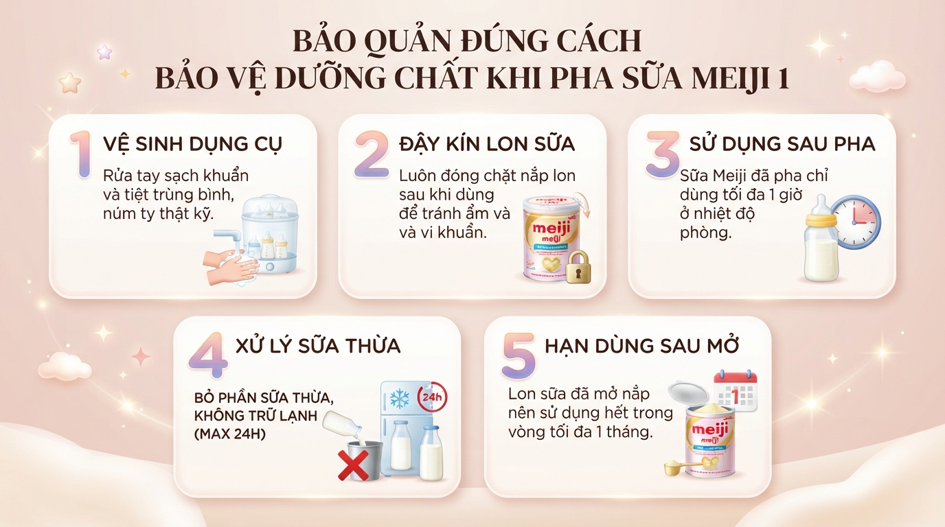 Cách pha sữa Meiji 1 chuẩn khoa học, giữ trọn dinh dưỡng cho bé