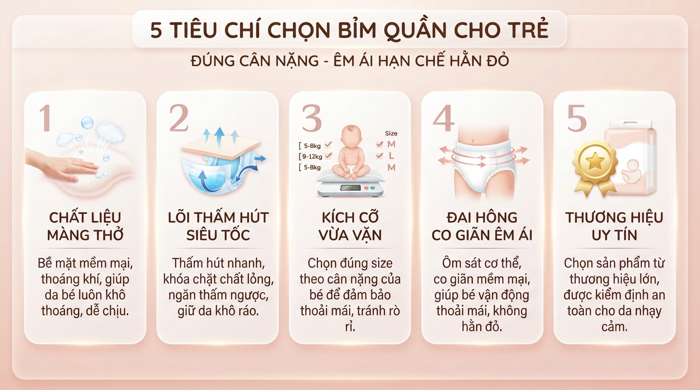 Chọn bỉm theo đúng cân nặng và đai co giãn êm ái giúp hạn chế hằn đỏ da. Chọn bỉm theo đúng cân nặng và đai co giãn êm ái giúp hạn chế hằn đỏ da.