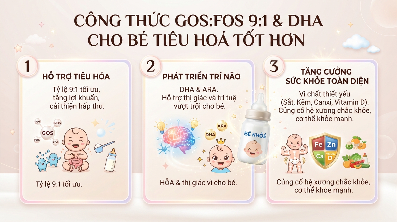 Công thức GOS FOS tỷ lệ 9:1 kết hợp DHA giúp bé tiêu hóa tốt hơn. Công thức GOS FOS tỷ lệ 9:1 kết hợp DHA giúp bé tiêu hóa tốt hơn