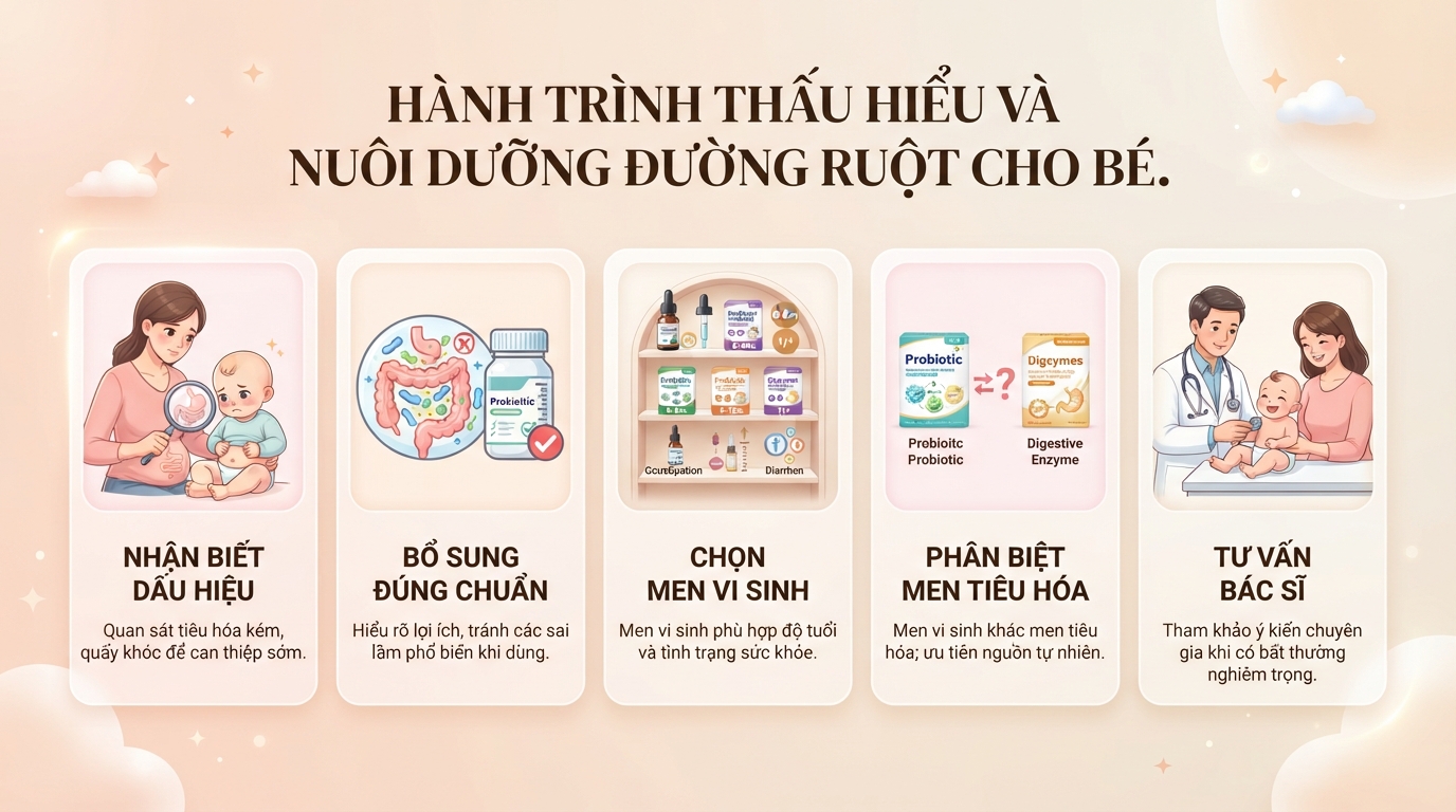Bổ sung lợi khuẩn đường ruột cho bé là gì? Dấu hiệu, lợi ích và lưu ý cần biết
