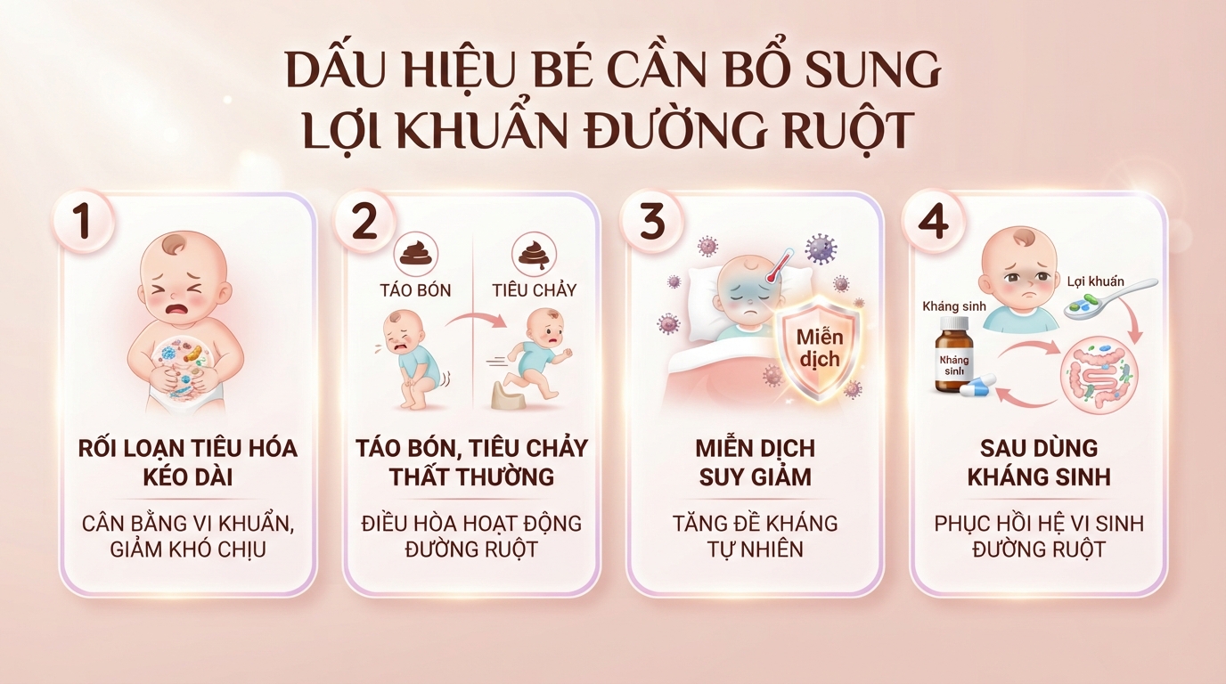 Dấu hiệu giúp cha mẹ nhận biết mốc bổ sung lợi khuẩn đường ruột cho bé