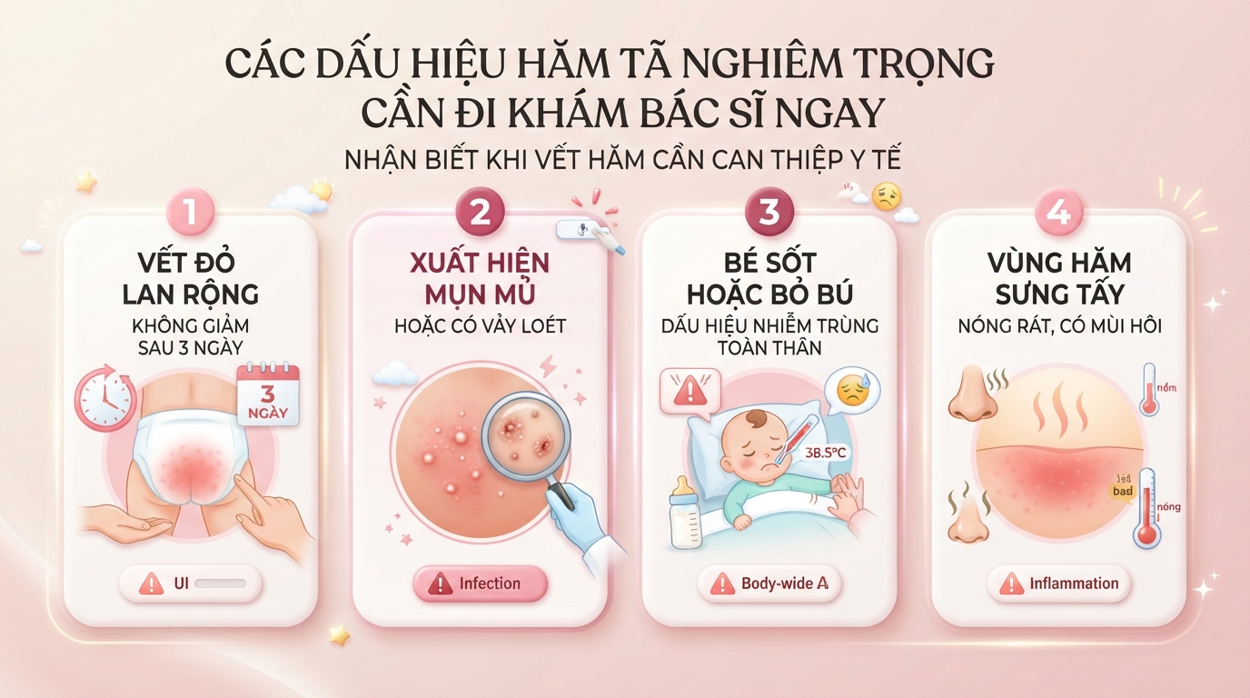 Đưa bé đi khám ngay nếu vết hăm tã có mụn mủ hoặc sưng đỏ kéo dài. Đưa bé đi khám ngay nếu vết hăm tã có mụn mủ hoặc sưng đỏ kéo dài.