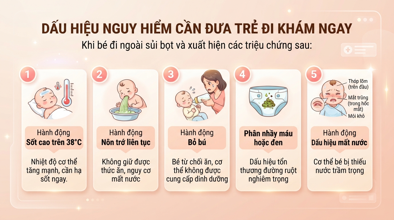 Đưa trẻ đi khám ngay khi xuất hiện dấu hiệu sốt cao, bỏ bú hoặc mất nước. Đưa trẻ đi khám ngay khi xuất hiện dấu hiệu sốt cao, bỏ bú hoặc mất nước.