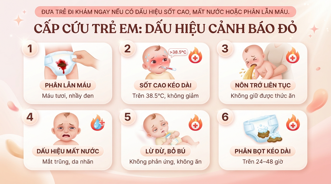 Đưa trẻ đi khám ngay nếu có dấu hiệu sốt cao, mất nước hoặc phân lẫn máu.