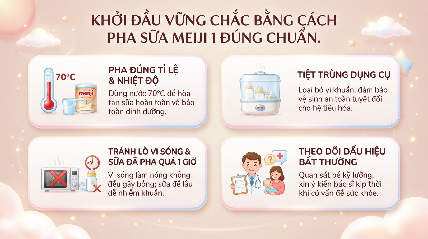 Cách pha sữa Meiji 1 chuẩn khoa học, giữ trọn dinh dưỡng cho bé