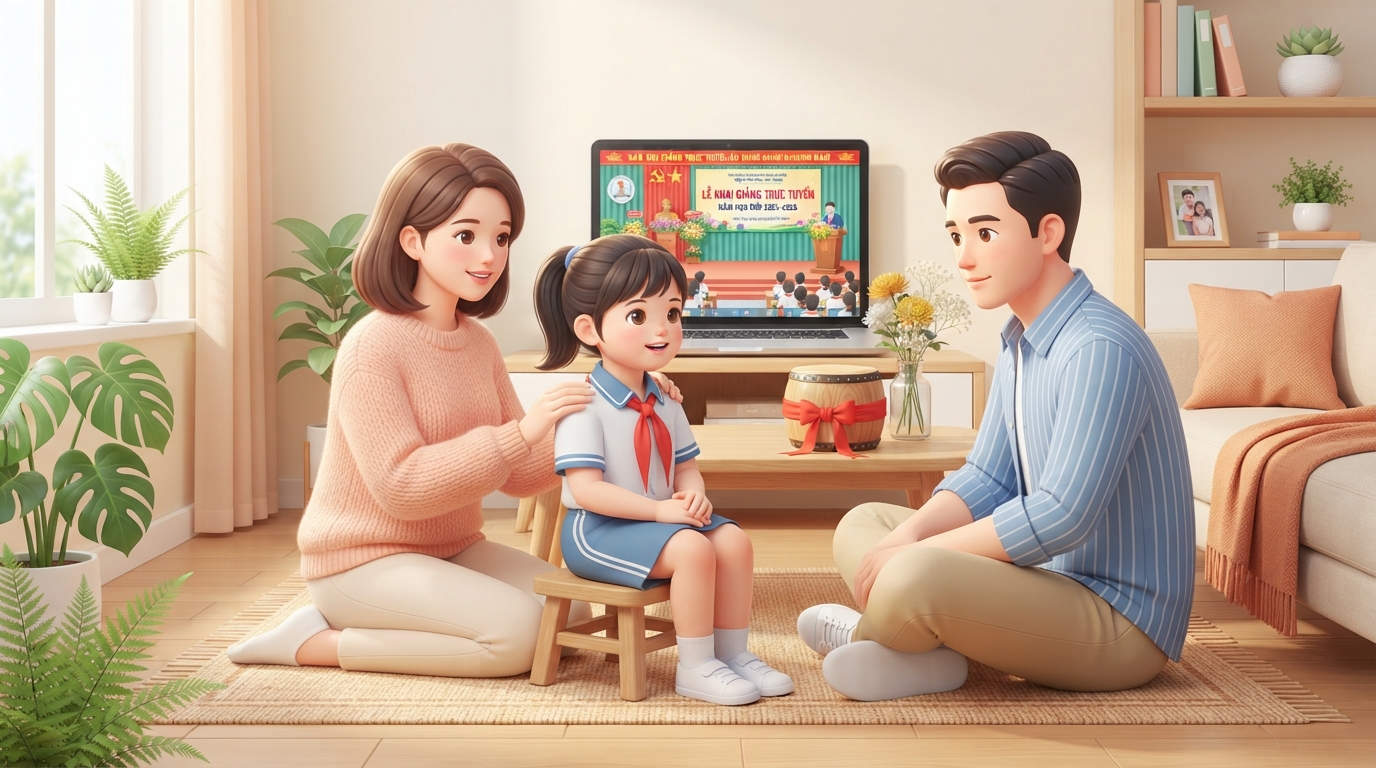 Gia đình cùng bé tham gia lễ khai giảng trực tuyến ngay tại nhà