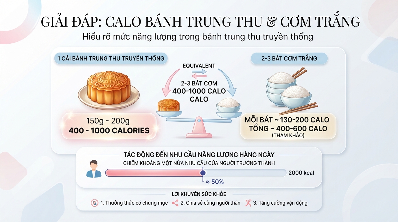 Giải đáp 1 cái bánh trung thu bao nhiêu calo khi so sánh với 2-3 bát cơm