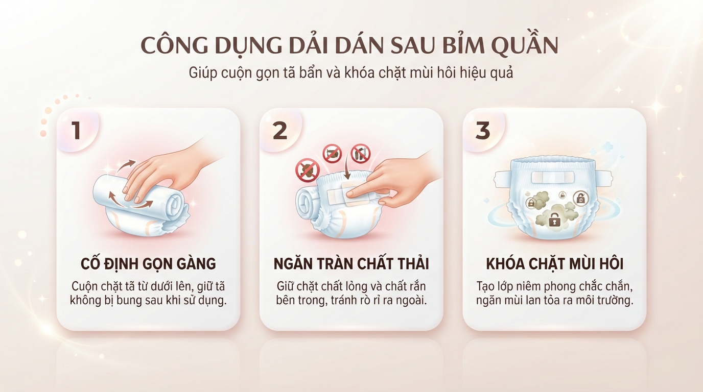 Giải đáp miếng dán sau bỉm quần để làm gì giúp cuộn gọn tã bẩn và khóa mùi. Giải đáp miếng dán sau bỉm quần để làm gì giúp cuộn gọn tã bẩn và khóa mùi.