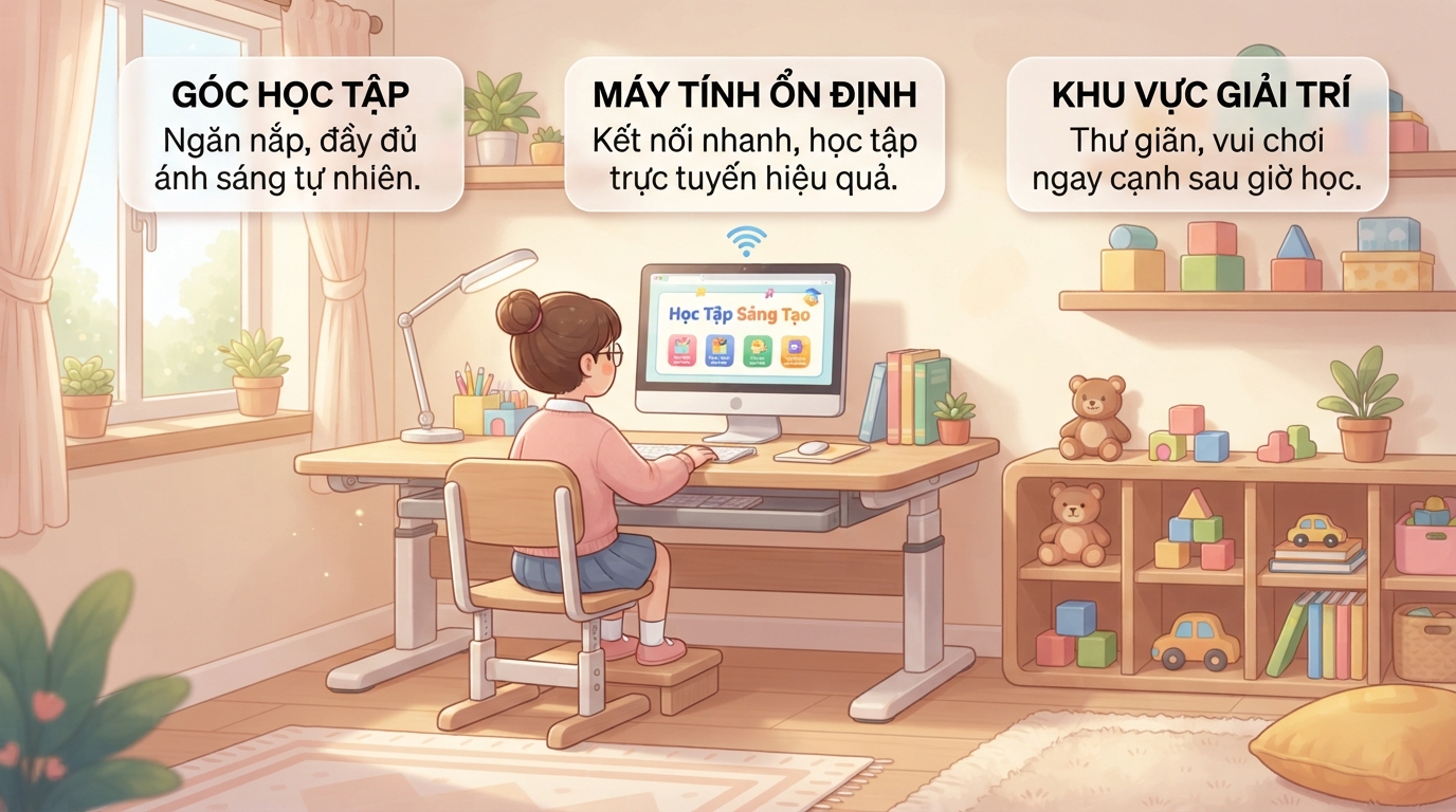 Góc học tập ngăn nắp, đủ ánh sáng giúp bé tập trung chuẩn tư thế