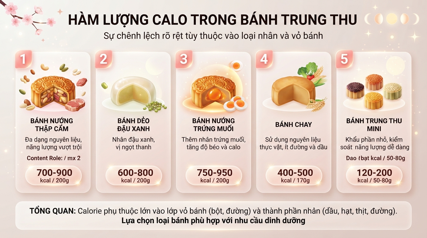 Hàm lượng calo chênh lệch rõ rệt giữa các loại bánh trung thu tùy thuộc vào loại nhân