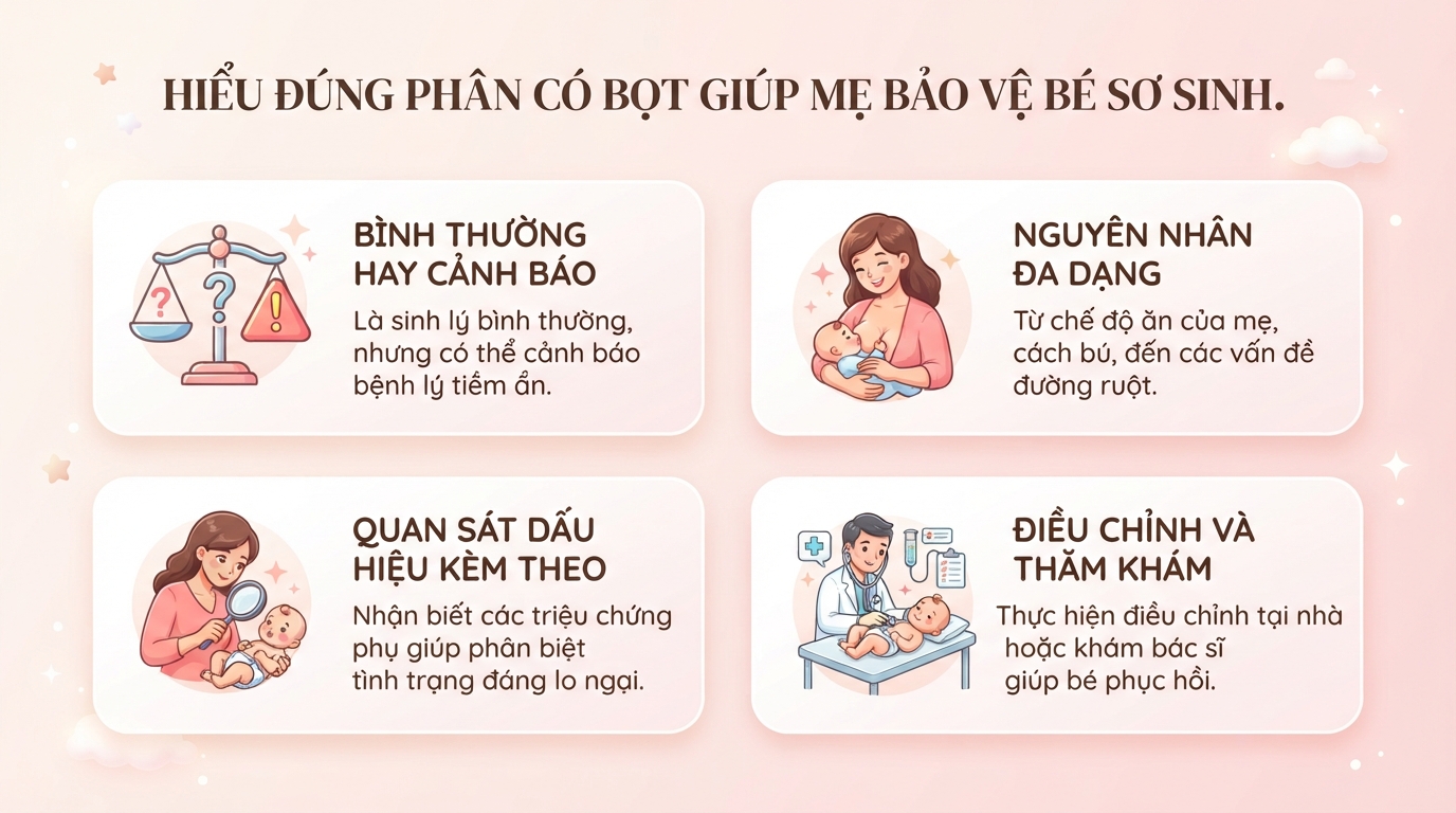 Bé sơ sinh đi ngoài có bọt là gì? Nguyên nhân, dấu hiệu nhận biết