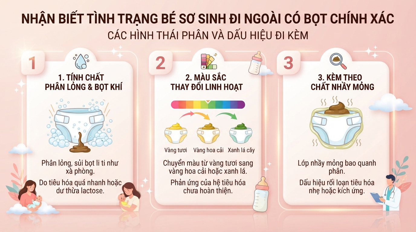 Hình ảnh nhận biết tình trạng bé sơ sinh đi ngoài có bọt chính xác