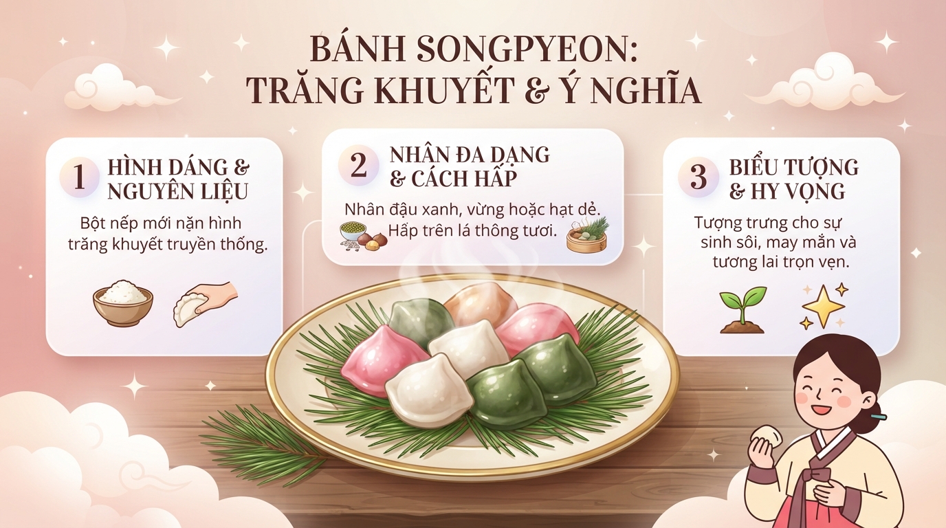 Hình dáng trăng khuyết của bánh Songpyeon tượng trưng cho sự sinh sôi và may mắn. Hình dáng trăng khuyết của bánh Songpyeon tượng trưng cho sự sinh sôi và may mắn