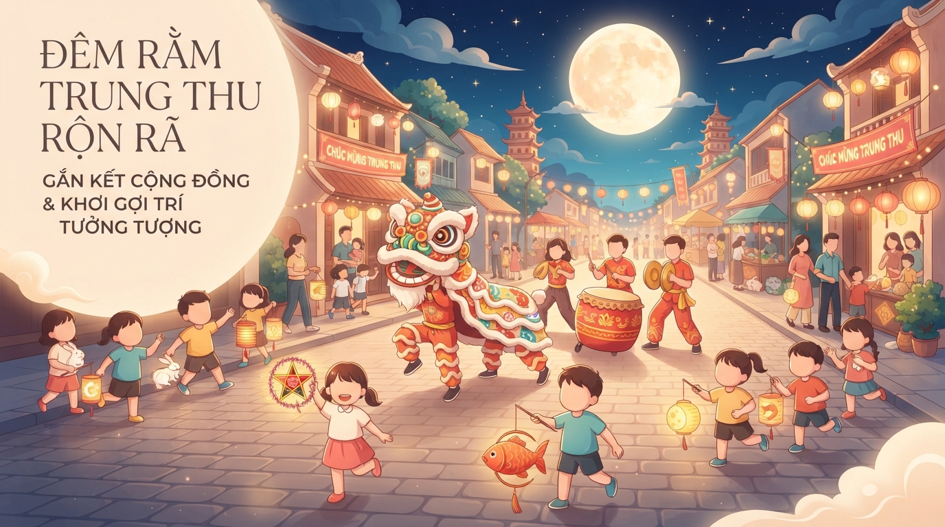 Không khí rước đèn ông sao và múa lân rộn ràng trên đường phố đêm rằm. Không khí rước đèn ông sao và múa lân rộn ràng trên đường phố đêm rằm