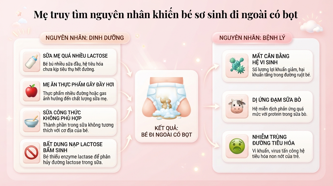 Bé sơ sinh đi ngoài có bọt là gì? Nguyên nhân, dấu hiệu nhận biết