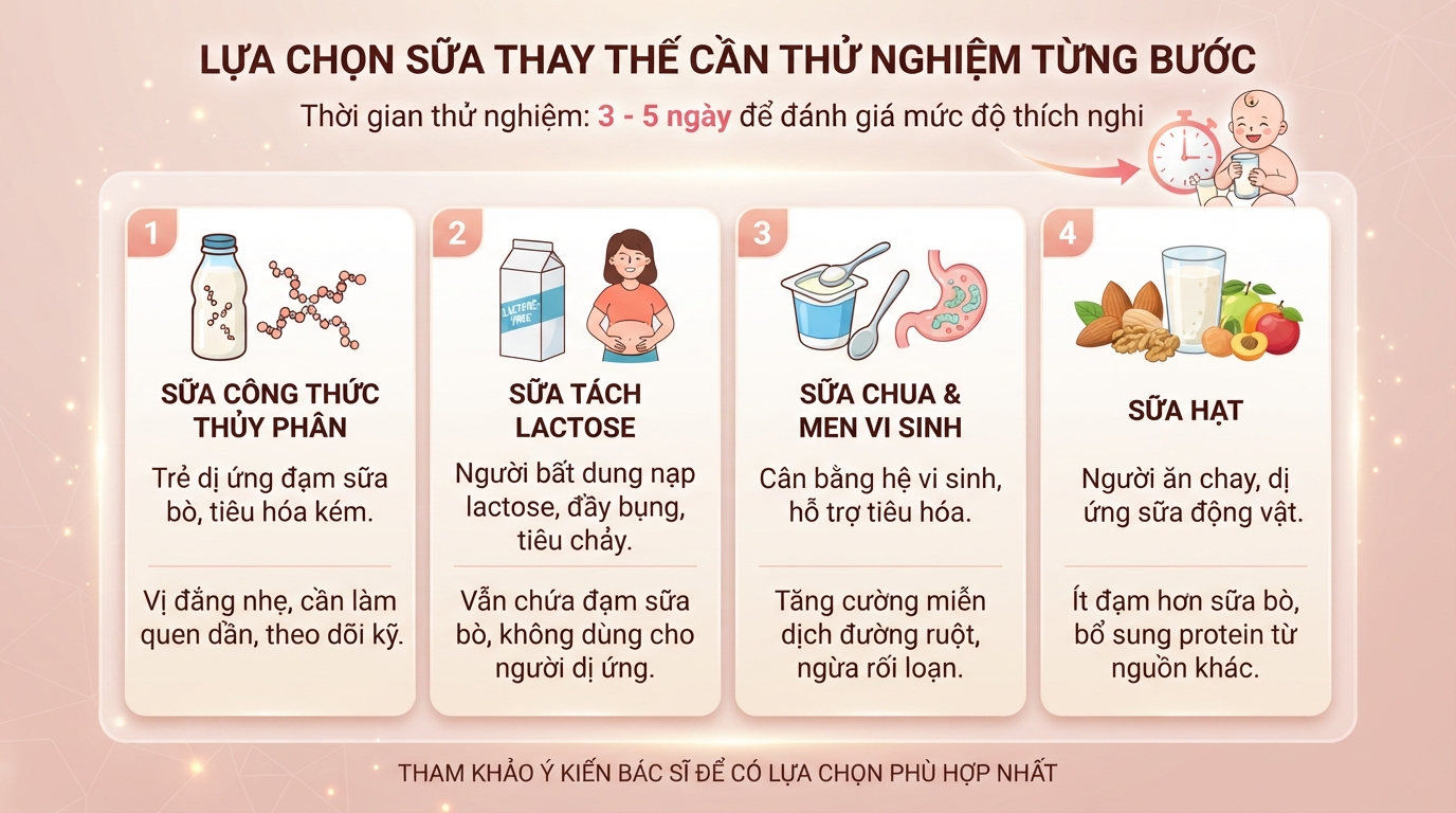 Lựa chọn sữa thay thế cần thử nghiệm từng bước từ 3 đến 5 ngày để đánh giá thích nghi. Lựa chọn sữa thay thế cần thử nghiệm từng bước từ 3 đến 5 ngày để đánh giá thích nghi.