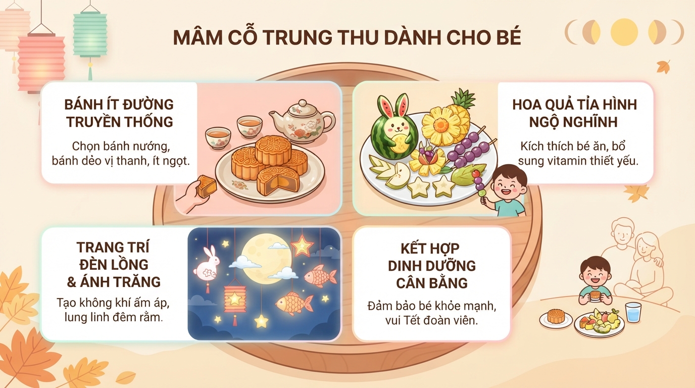 Mâm cỗ Trung thu kết hợp bánh truyền thống và trái cây ngộ nghĩnh cho bé. Mâm cỗ Trung thu kết hợp bánh truyền thống và trái cây ngộ nghĩnh cho bé