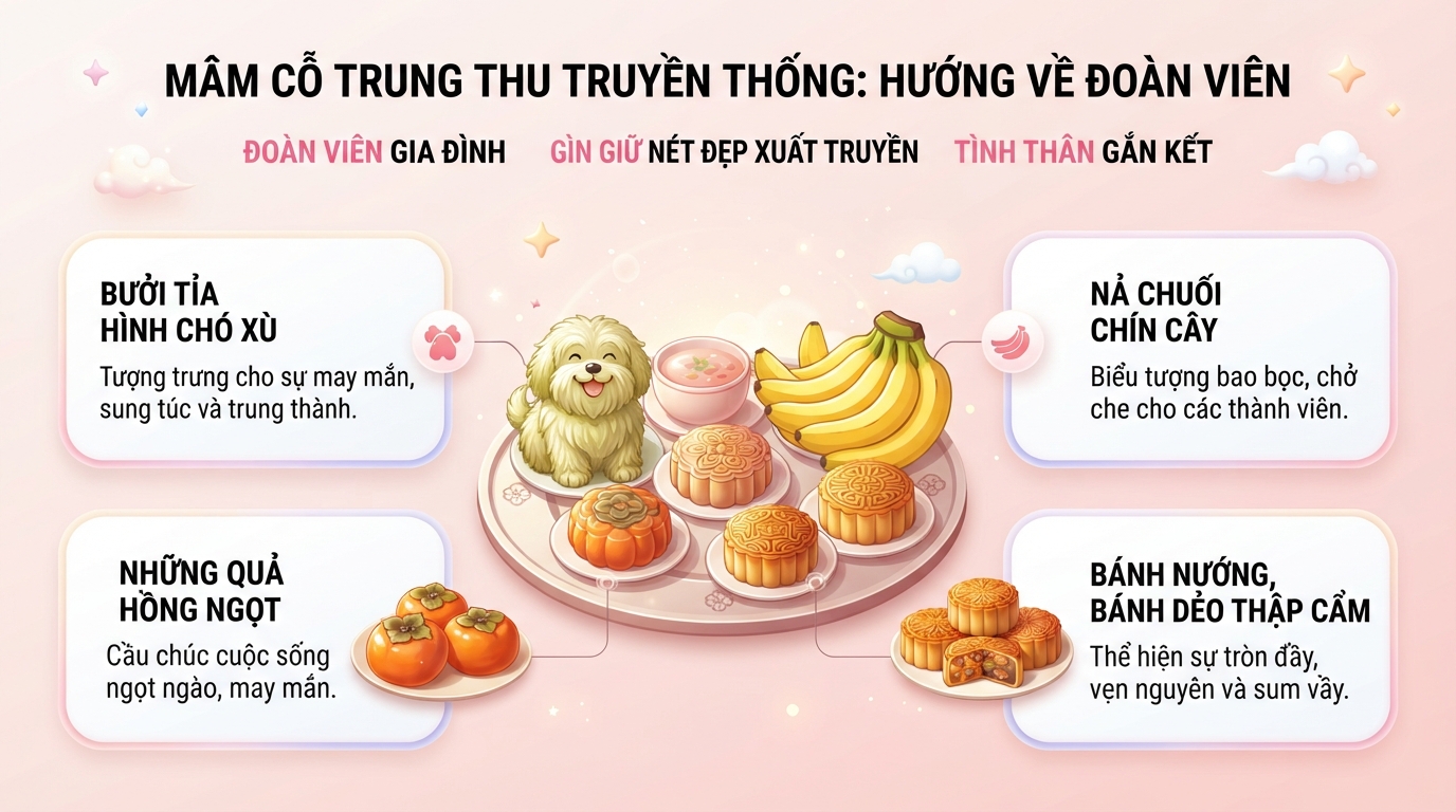 Mâm cỗ truyền thống chú trọng tính đoàn viên hơn là giá trị vật chất. Mâm cỗ truyền thống chú trọng tính đoàn viên hơn là giá trị vật chất.
