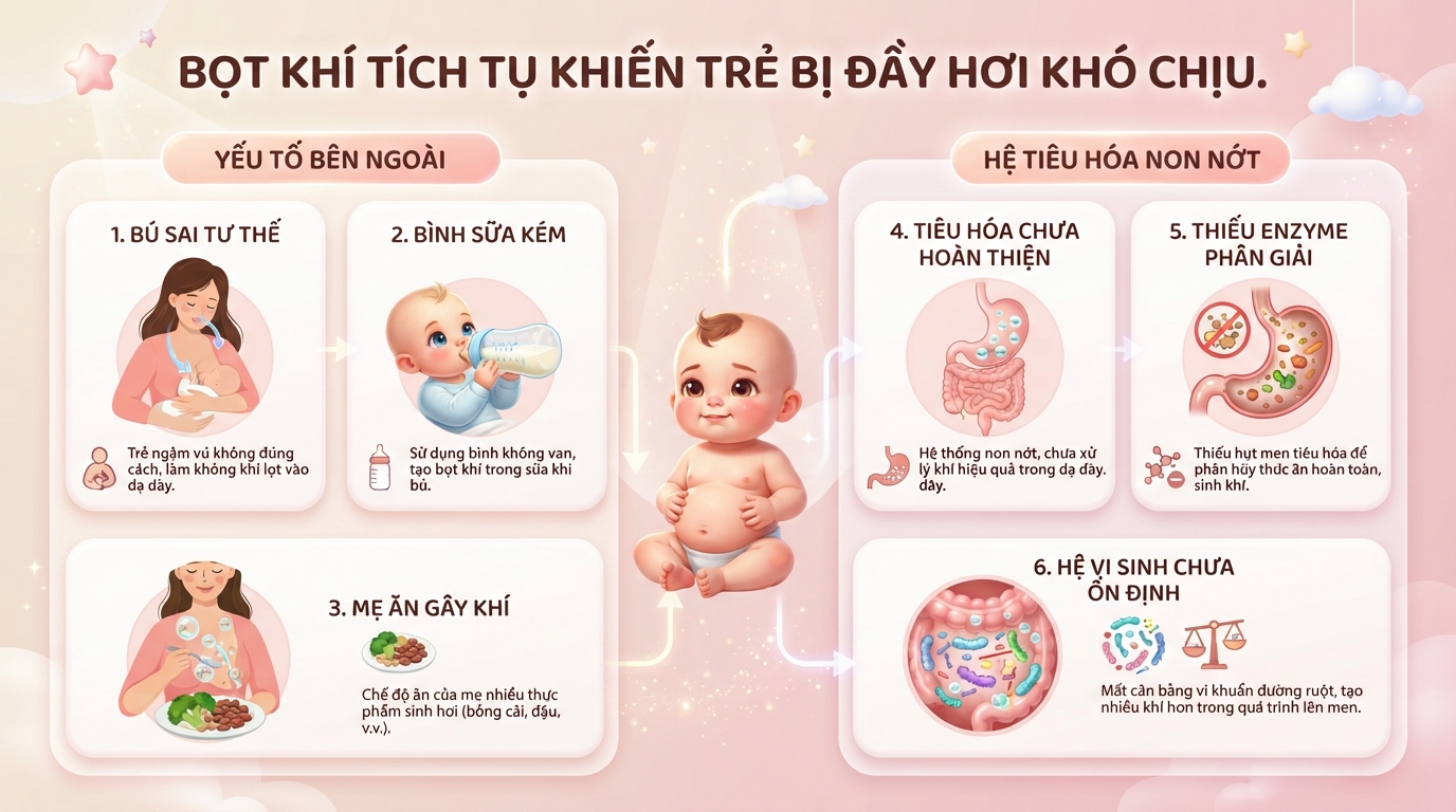 Nguyên nhân trẻ bị đầy hơi và cách xử lý hiệu quả tại nhà