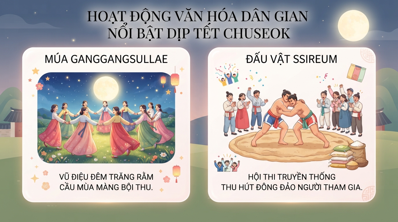 Múa Ganggangsullae và đấu vật Ssireum là hai hoạt động văn hóa dân gian sôi nổi nhất. Múa Ganggangsullae và đấu vật Ssireum là hai hoạt động văn hóa dân gian sôi nổi nhấ.