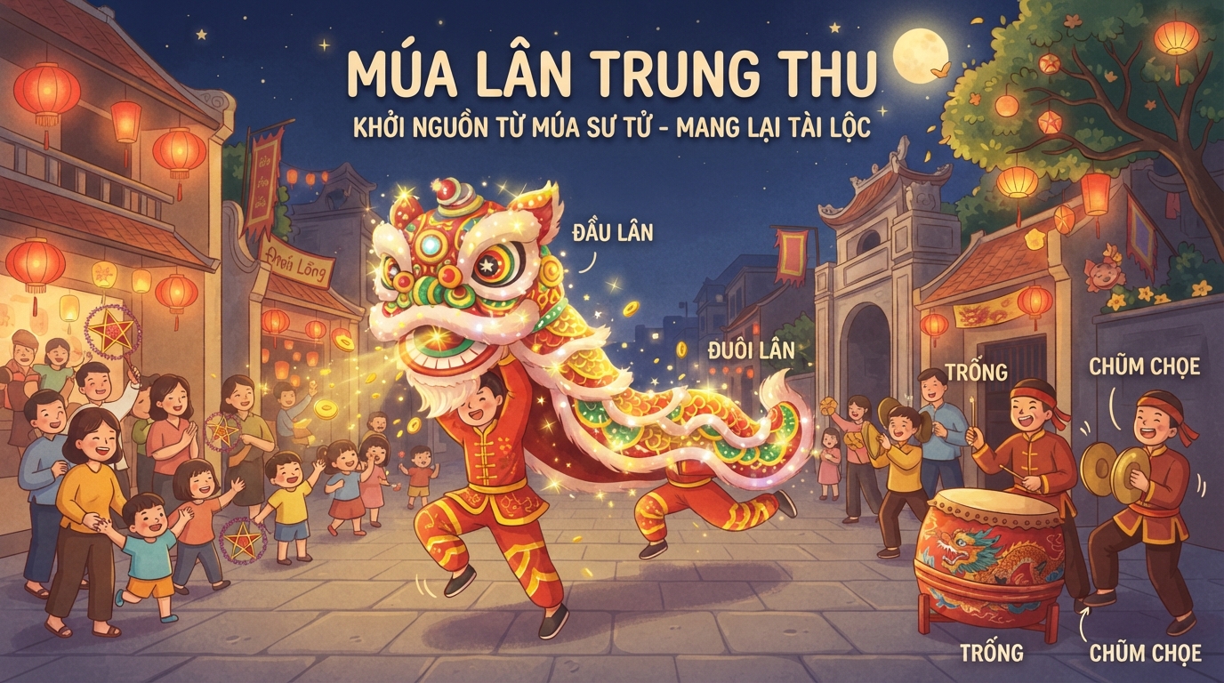 Múa lân trung thu truyền thống khởi nguồn từ múa sư tử giúp mang lại tài lộc cho gia đình. Múa lân trung thu truyền thống khởi nguồn từ múa sư tử giúp mang lại tài lộc cho gia đình.