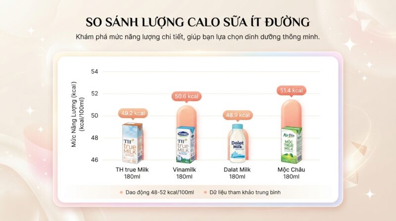 Mức calo dao động từ 48-52 kcal/100ml giữa các thương hiệu sữa ít đường hàng đầu. Mức calo dao động từ 48-52 kcal/100ml giữa các thương hiệu sữa ít đường hàng đầu