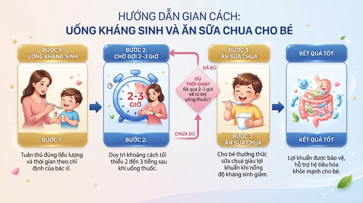 Nên cho trẻ ăn sữa chua cách thời điểm uống kháng sinh từ 2 đến 3 giờ. Nên cho trẻ ăn sữa chua cách thời điểm uống kháng sinh từ 2 đến 3 giờ.