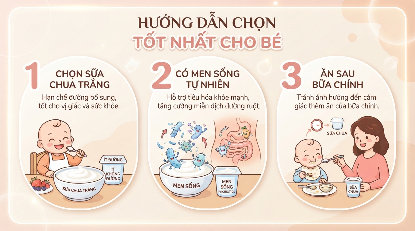 Nên chọn loại sữa chua trắng ít đường hoặc không đường có chứa men sống cho bé. Nên chọn loại sữa chua trắng ít đường hoặc không đường có chứa men sống cho bé.