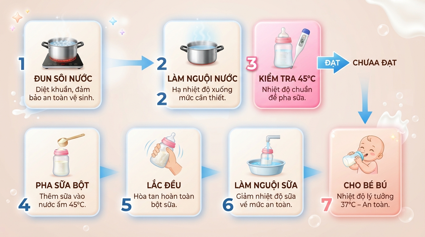 Pha sữa ở 45 độ C giúp bảo toàn dinh dưỡng tối ưu cho trẻ. Pha sữa ở 45 độ C giúp bảo toàn dinh dưỡng tối ưu cho trẻ